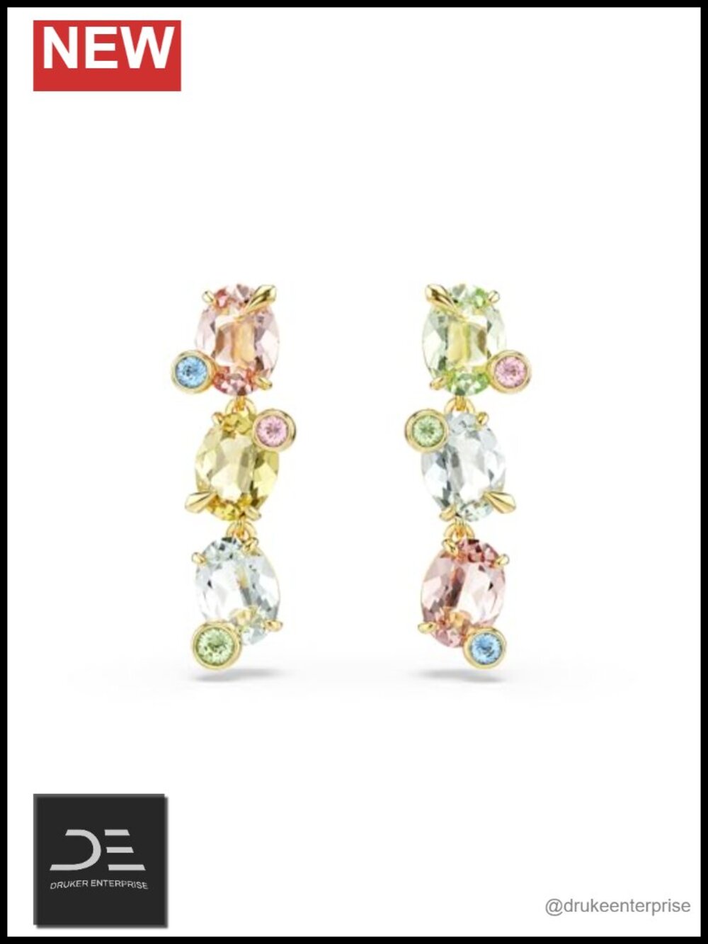 Gold-tone Crystal Drop Earrings Swarovski Gema Asymmetrical Multicolored Mixed